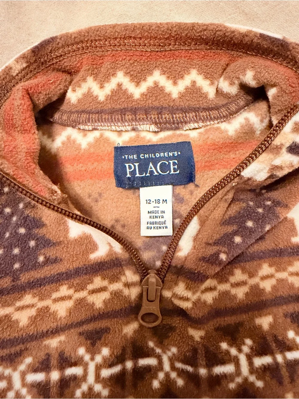 Kids Brown Polar Bear Fair Isle Quarter‑Zip Pullover